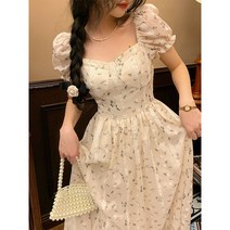 워킹 가든 프랑스 스퀘어 칼라 복고풍 꽃 높은 허리 티 브레이크 드레스 여성 봄과 여름 새로운 허리 슬림 스커트