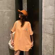 면 캐주얼 자수 중 롱 반팔 티셔츠 여자 봄 여름 한국판 루즈한 라운드 칼라 블라우스