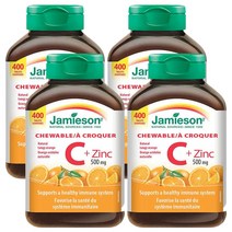 [jamieson비타민e] Jamieson 자미에슨 비타민 C + 아연 Zinc 500mg 400정-4병(맛있게 씹어먹는 비타민C>면역력 UP!>캐나다 직배송), 4병, 400정