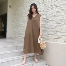 데일리앤 벤느 브이넥 허리끈 민소매 나시 린넨 플레어 롱 원피스 여름 휴양지