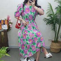 제이후 플라워 패턴 라운드 퍼프 소매 반팔 허리 밴딩 플레어 쉬폰 롱 원피스