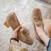 뽀글이메리제인 뽀글이플랫 버클 슈즈 여성용 하이힐 구두 5CM 양모 모피 메리 진 컬리 코튼 타콘 Femme