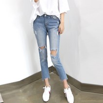 원타임 여성용 무릎구제 블루 데님팬츠