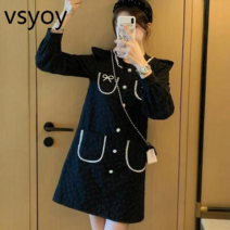 vsyoy 프랑스 작은 향수 드레스 새로운 여성의 가을 사교계 기질 외국 스타일 검은 긴 소매 스커트