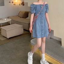 데님 청 원피스 작은 150 키커 보이는 코디 145 오픈숄더 스퀘어넥 벌룬소매 짧은 XS 야드 여름 2705955827