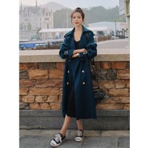 여성용 단색 워크 자켓 롱 트렌치코트 라펠 두 줄 버튼 긴 바람막이 상의 겨울 의류 2022