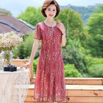 ALIPANG 알리팡 중년여성 원피스 라운드넥 엄마원피스 중년 60대 엄마옷 쉬폰 봄 여름원피스 미디원피스 빅사이즈 프릴원피스 세련된 모임원피스 슬림핏 미시 데일리 루즈핏 드레스