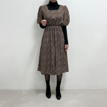 호피 레오파드 스퀘어넥 벌룬 목폴라 레이어드 롱 원피스