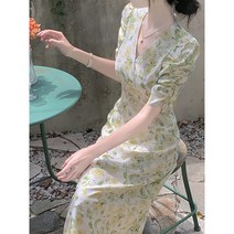 쉬폰원피스 봄 개화기 여름 롱 브이넥 플라워 잔꽃 햅번 꽃무늬 여성용 드레스