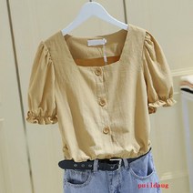 여름 쇄골 느슨한 버블 슬리브 셔츠 여성용 스퀘어 칼라 짧은 허리 재킷 여성