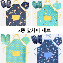 유아동 방수 앞치마 미술놀이 요리수업 촉감놀이 어린이집 유치원 준비물 앞치마 팔토시 머릿수건 3종 세트 캐릭터 공룡 동물 11가지 디자인 대중소, 09.체크 피치(중)