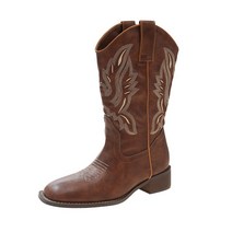 웨스턴 카우보이 부츠 자수 나이트 부츠 여성용 2023 가을 및 겨울 뉴 레트로 스퀘어 헤드 미들 튜브 V 입 칙 힐 마틴 부츠