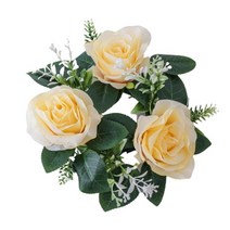 인공 장미 캔들 링 작은 화환 기둥 캔들 홀더 23cm 꽃 화환 크리스마스 할로윈 창 센터 피스 장식품, 노란색, 실크