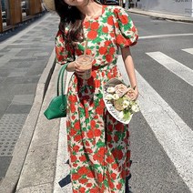 스타일아유 여성 스퀘어넥 버튼 플라워 꽃무늬 나염 롱 원피스 여름 휴양지 비치 휴양지