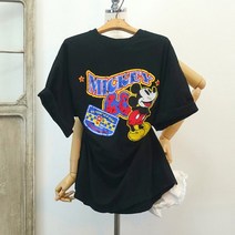 구제워싱 미키마우스 빈티지 루즈핏 롱 반팔 롱티셔츠