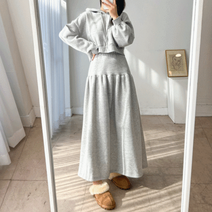 기모 캥거루 후드 캉캉 밴딩 롱 스커트 트레이닝 투피스 세트 3color