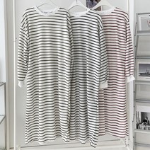 스트라이프 라운드넥 루즈핏 일자 면 롱원피스