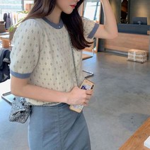 반팔니트 벌룬소매 데일리티 라운드넥 투톤 스웨터