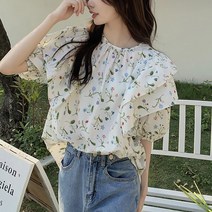 이지핏 봄 여름 벌룬 플라워 아방한 러플 블라우스 데이트룩 주름블라우스 퍼프소매블라우스 벌룬소매블라우스 러블리한블라우스 여성스런블라우스 봄블라우스 여름블라우스 대학생블라우스 루즈핏블라우스 여리여리한블라우스