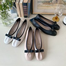 런슈즈 천연소가죽 3color 여성 스퀘어 리본 쿠션 플랫슈즈