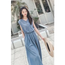 캐주얼 시폰 v 넥 드레스 여성 여름 2023 기질 슬림 허리 모양 얇은 가벼운 요리 스타일 슬릿 민소매 롱 스커트