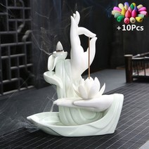 인센스 홀더 만들기 스틱 콘 폭포 향 꽂이 받침대 선물 화이트 세라믹 부처님 손 연꽃, 10개의 원뿔이 있는 g-white