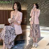 여성 자켓 빅사이즈 오피스 40대 돌잔치 상견례 원피스 여름 드레스 정장 재킷 얇은 2021 새로운 우아한 작은 신선한 꽃 슬링 드레스 블레이저 투피스 한 옷 세트