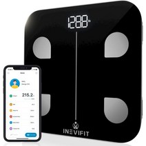 INEVIFIT 스마트 체지방 측정기 BMI 고정밀 블루투스 디지털 욕실 체성분 분석기. 무제한 사용자를 위한 체지방 물 근육 골질량 등을 측정합니다 105278, Black