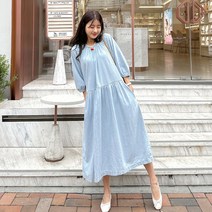 [조아맘] 스카이 데님 셔링 원피스