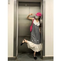 예스룸 티라미수 레이스 엣지 체크 원피스 여여름 브이넥 민소매 프렌치 롱스커트