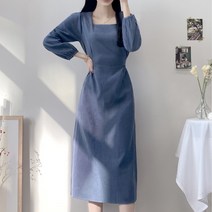 [3color/도톰] 지젤 스퀘어넥 셔링 플레어 허리끈 벨트 리본 긴팔 롱원피스 겨울 하객 데이트