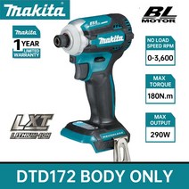 Makita-DTD172 무선 임팩트 드라이버 18V LXT BL 브러시리스 모터 전기 드릴 목재/볼트/T-모드 180 N m 충전식 전동 공구, [01] DTD172 Body Only