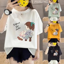 JUST FEEL!NG 롱티셔츠 빅사이즈 오버핏 여성의류 여름면 반팔티 캐릭터 데일리
