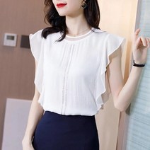 상의 여름 화이트 루즈핏 프릴 상의 여름 여성 날씬해 보이는 반팔 블라우스