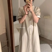 달고나 라인 배색 라인 퍼프 카라 반팔 무지 여름 린넨 롱 원피스