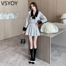 vsyoy 작은 여성의 인터넷 유행 정장 여성의 2023 봄 새로운 패션 대조 옷깃 짧은 높은 허리 주름 치마