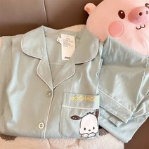 산리오 상하복 Sanrio잠옷 세트 카와이 헬로 키티 포챠코 여성 긴 소매 바지 잠옷 귀여운 만화 루즈한 가디건 라운지웨어