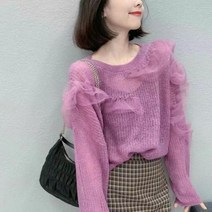 화이트블루 긴 소매 크루넥 스웨터 여성용 캐시미어 스웨터 2023 트렌드 니트 스타일 패션 풀오버 코트 빈티지