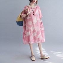 하프기장원피스 면린넨 기하학무니 플라워 패턴 뚱뚱한 빅사이즈 여성의류 반팔 라운드넥 A라인 2657126300