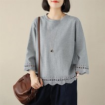 여름 여성 무지 티셔츠 라운드 순면 펀칭 7부소매 오버핏 빅사이즈 풀오버 상의 데일리룩 A21