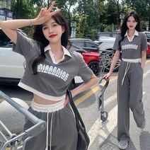여름 여성 코디 세트 크롭 반팔티 와이드 팬츠 투피스 캐주얼 트레이닝 츄리닝 상하바지세트