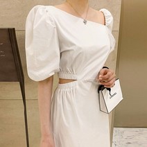 나인포시즌 휴양지 바캉스 오프숄더 옆트임 언발 퍼프 플레어 밴딩 롱 원피스