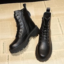 여성용 블랙 플랫폼 전투 발목 부츠 레이스 업 버클 스트랩 여성 신발 겨울 바이커 부츠 여성 부츠