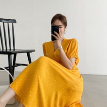 여자 V넥 오버랩 셔링 퍼프 반팔 도트 땡땡이 원피스