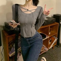 정말이쁜 통통한 소녀를 위한 슬리밍 보터밍 셔츠 초가을 스퀘어 칼라 숏 상의 긴 소매 티셔츠 여성용 디자인 센스 틈새 플러스 사이즈 크로스