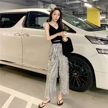 urkoteer 실버 스팽글 와이드 팬츠 여성 샤이닝 밴딩 통바지 nx-877