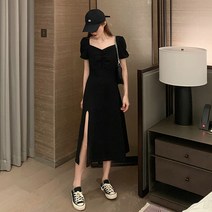복고풍 퍼프 슬리브 햅번 스타일의 작은 검은 색 드레스 무릎 롱 스커트 허리는 얇고 분할 된 검은 색 드레스 여성