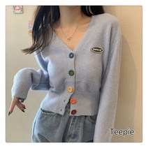 티피 여성 쇼트 타입 컬러 단추 브이넥 니트 가디건