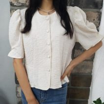 상상그이상 여성용 미르 블라우스 퍼프셔링 플레어 라운드넥 자켓 블라우스 사이즈 좋은 캐주얼 오피스룩