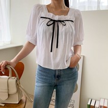 프리티원 이데도 크롭 레이스 리본 블라우스